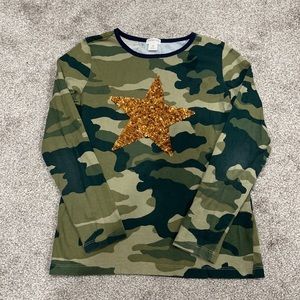 JCrew long sleeve camo shirt with gold sequin star